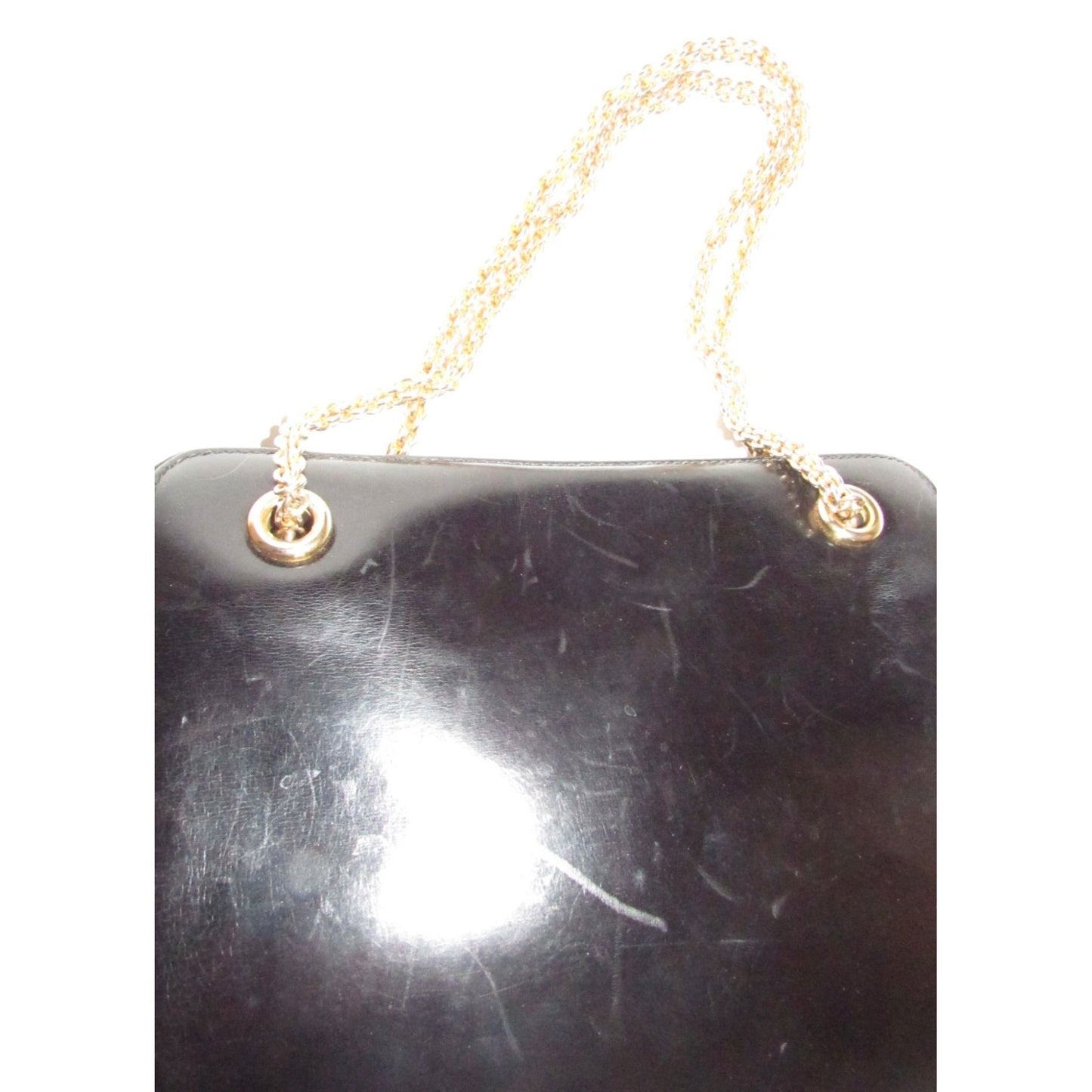 Rare 60s, mod, Giorgio Gucci, black leather, satchel style shoulder bag with a snap hinged top, two heavy gold chain shoulder straps