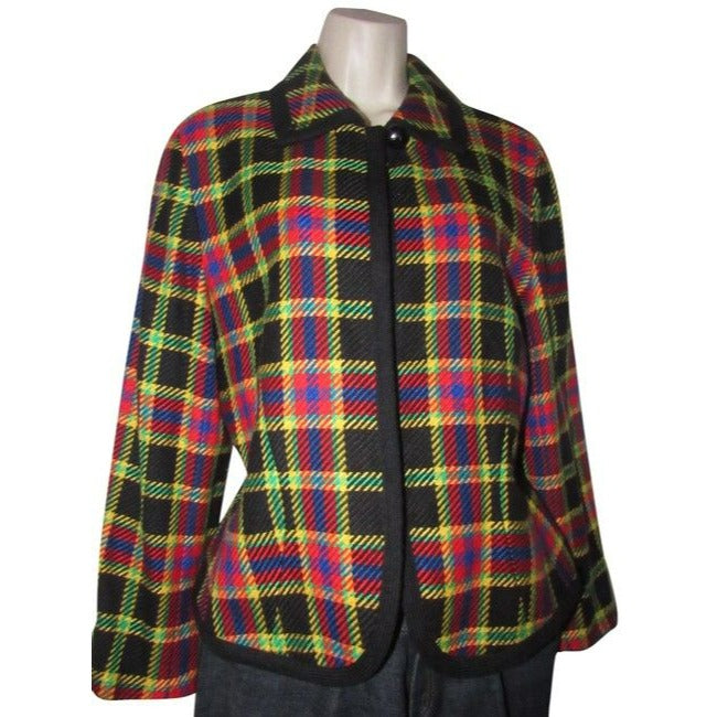 Emanuel Ungaro Black Wool With Red Yellow Blue And Green Window Pane Plaid Blazer