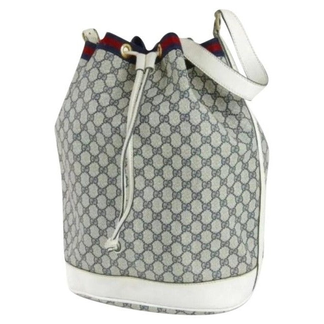 Gucci Blue Guccissima Print on White Leather Drawstring Top Bucket Bag W Red And Navy Stripe