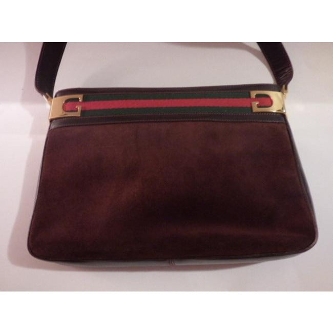 Gucci Vintage Brown Suede And Leather With Red And Green Striped Top Hobo Bag