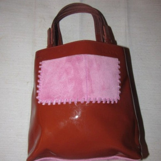 Prada Vintage Red Patent Leather And Pink Suede Petite Whipstitched Tote Bag