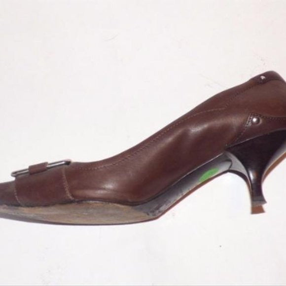 Prada Brown Leather Squared Pointy Toe Kitten Heel  Pumps with Chrome Buckles