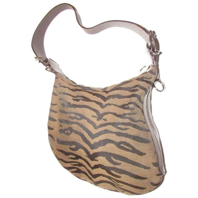 Fendi Large Oyster Style Shoulder Purse Brown And Black Tiger Print Canvas And Brown Leather Leather