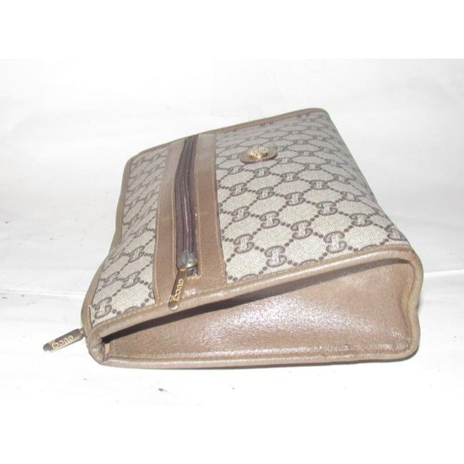 Gucci Webby Vintage Brown Coated Canvas With Plus Print & Brown Leather Clutch