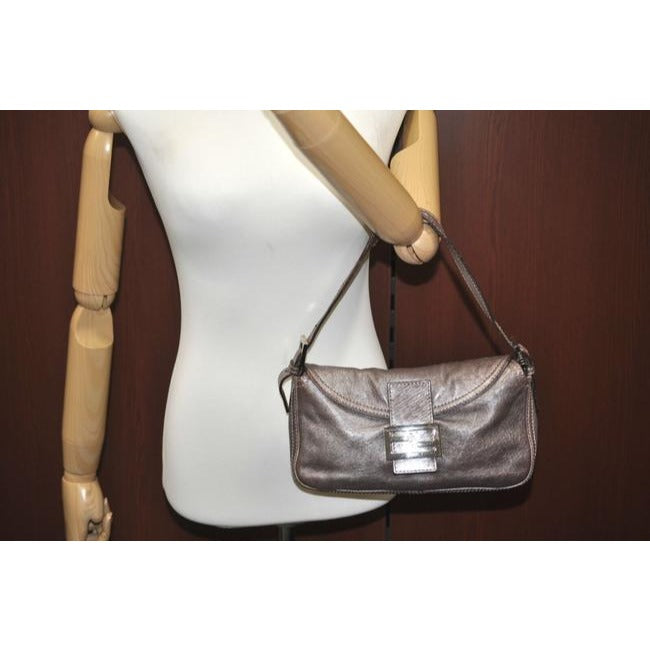 Fendi Shoulder Bag Double Flap Mamma Gray Lambskin Leather Baguette