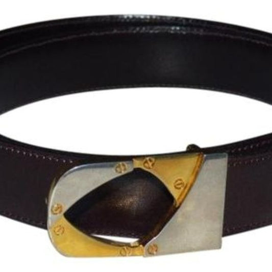 Gucci brown/burgundy leather belt w two-tone equestrian buckle