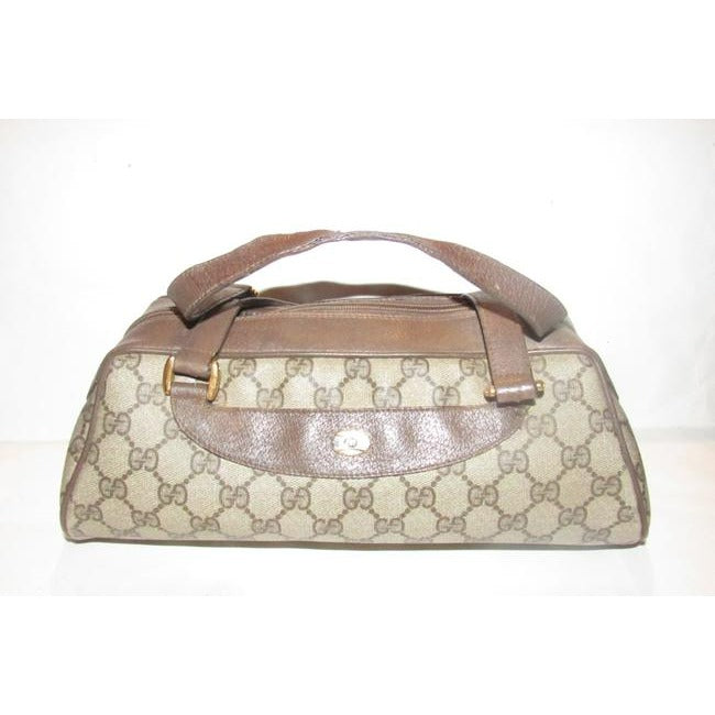 Gucci Vintage Purses Brown Large G Logo Print Coated Canvas And Brown Leather Satchel