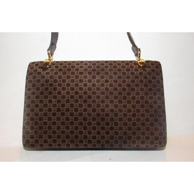 Gucci Vintage Brown Square G Logo Print Suede And Brown Leather Shoulder Bag