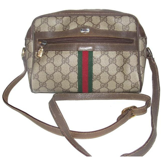 ON SALE! Gucci vintage brown Guccissima print coated canvas & brown leather, cross body with front zip pocket and red and green striped accent