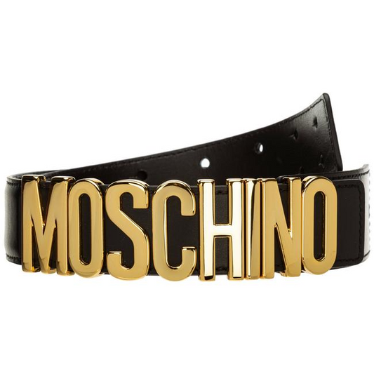 NWT Moschino Black Leather Belt w Gold Letter Buckles