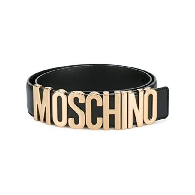 NWT Moschino Black Leather Belt w Gold Letter Buckles