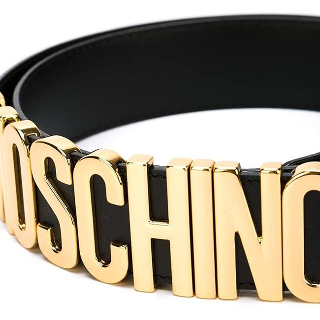 NWT Moschino Black Leather Belt w Gold Letter Buckles