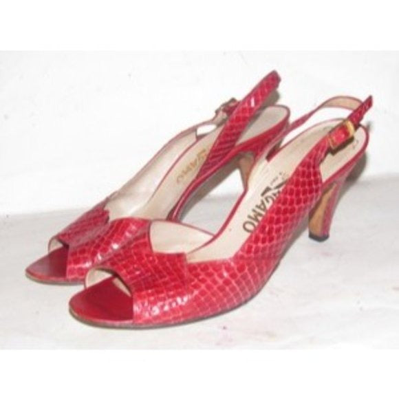 Salvatore Ferragamo Red Snakeskin Leather D'Orsay Sandals