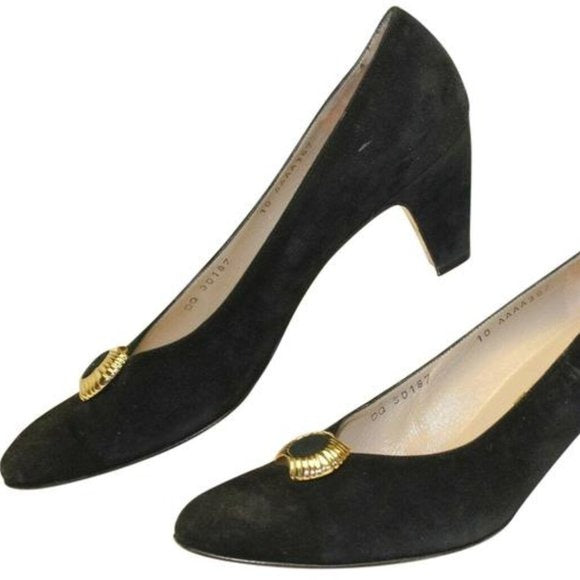 Salvatore Ferragamo black suede kitten Heels with round, scalloped gold and enamel, buckle accents!