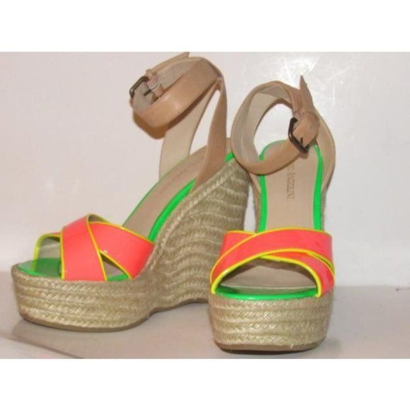 Enzo Angiolini Pink Yellow Green and Taupe Leather Wedge Sandals