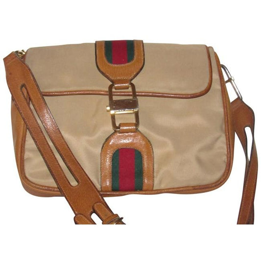 Gucci Tan & Brown Leather Jackie Satchel w Red & Green Sherry Stripe