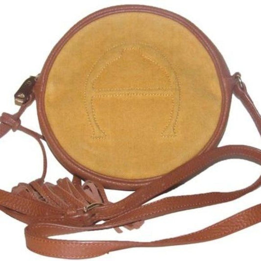 Etienne Aigner, 1970's- 1980's, yellow canvas and brown leather round canteen style cross body or shoulder bag