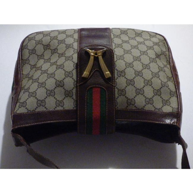 Gucci Supreme Guccissima Print Red Green Stripe And Bold Gold Boot Accent Brown Leather