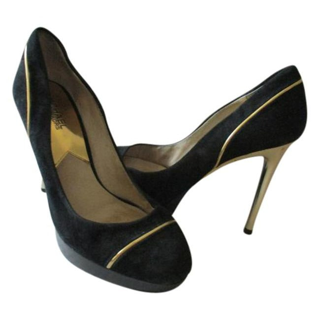 SALE! Michael Kors Black Suede Gold Heels And Piping Classic Platform Pumps Size 8M Us