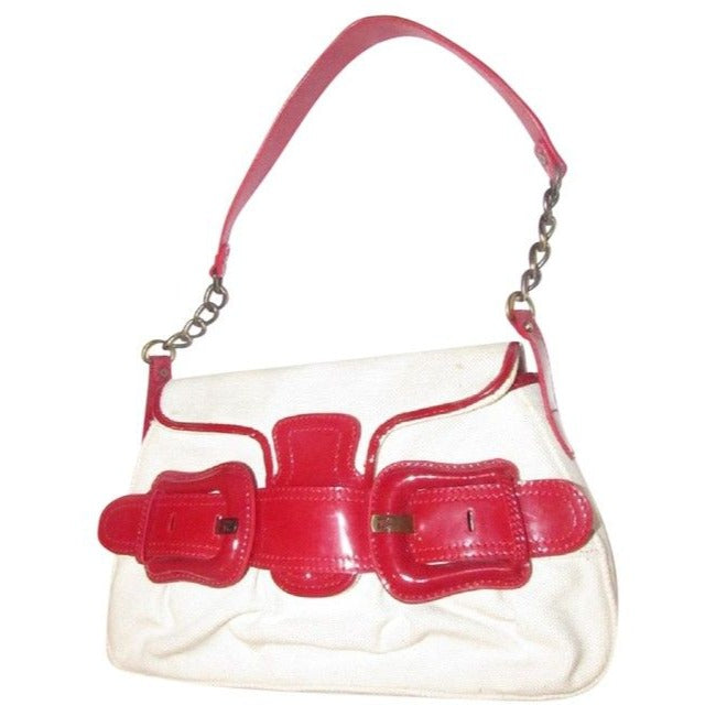 Fendi B Buckle Purses Ivory Canvas And Red Patent Leather Shoulder Bag