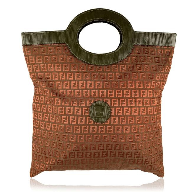 Fendi Zucchino Print Canvasleather Top Handle Porthole Burgundy And Olive Green Leather Coated Canva