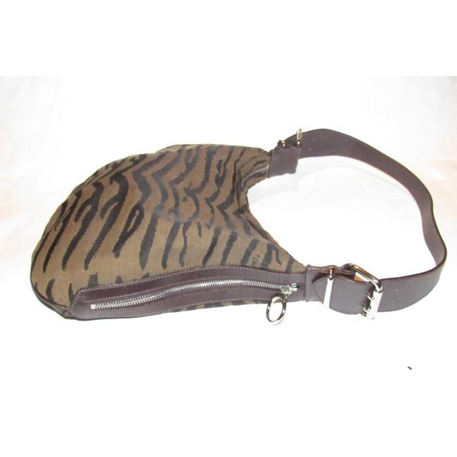 Fendi Large Oyster Style Shoulder Purse Brown And Black Tiger Print Canvas And Brown Leather Leather