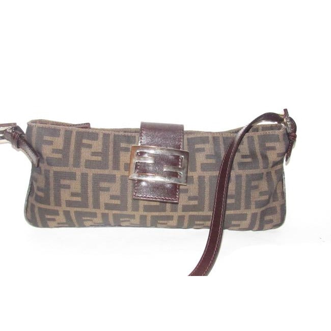 Fendi Baguette Style Shouldercross Body Purse Zucco Print In Browns Canvas And Leather Shoulder Bag