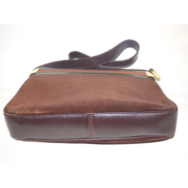 Gucci Vintage Brown Suede And Leather With Red And Green Striped Top Hobo Bag