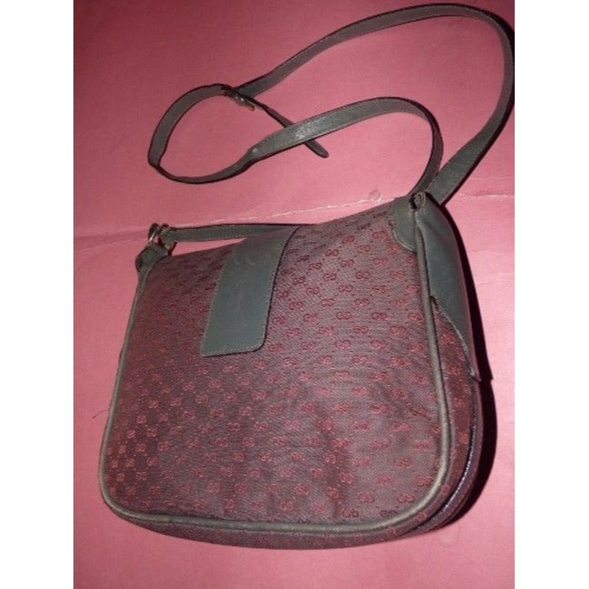 Gucci Vintage Grey Leather And Canvas With Pinkish Red Small G Logo