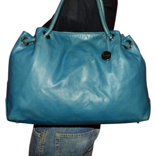 Vintage FURLA Teal Blue Leather XL Tote