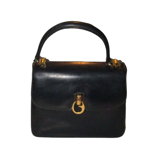 One of a kind, early Gucci, 1960's mod, hard and boxy, structured, navy leather, top handle shoulder bag with gold, equestri