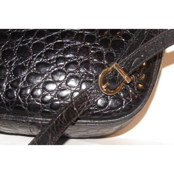 Salvatore Ferragamo Black Crocodile Embossed Leather With Gold Vara Accent Crossbody or Shoulder Bag