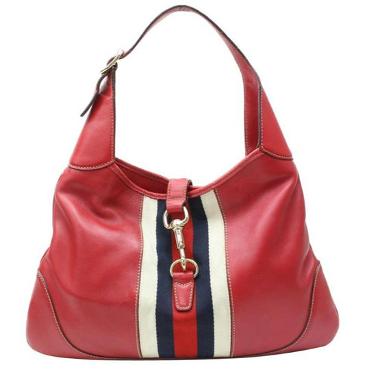 Vintage, Gucci, new Jackie style, red leather with a red, white, & blue center Sherry stripe, triangular shape, & gold hook closure