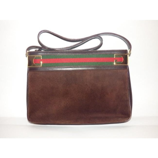 Gucci Vintage Brown Suede And Leather With Red And Green Striped Top Hobo Bag