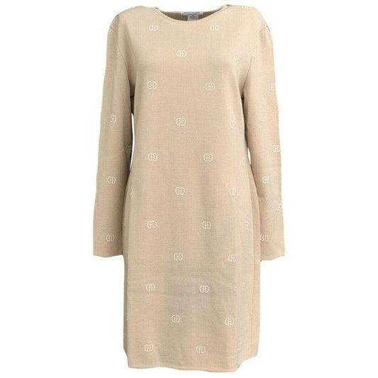 Celine Tan Wool Ivory Logo Print Mid Length Short Casual Dress