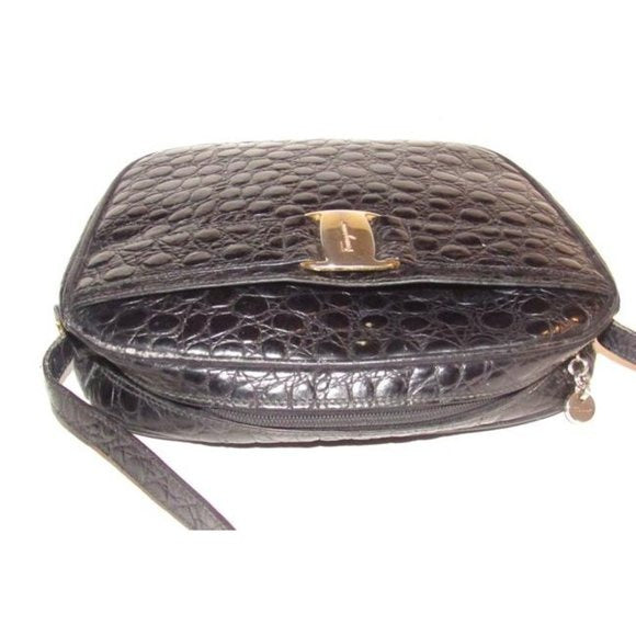 Salvatore Ferragamo Black Crocodile Embossed Leather With Gold Vara Accent Crossbody or Shoulder Bag