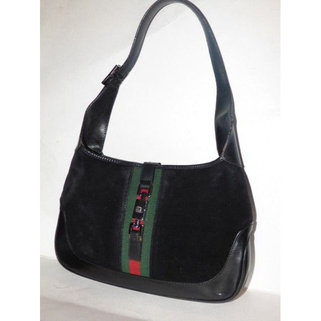 Gucci Shoulder Jackie W Suede Leather Sherry Black With Red Green Stripe Hobo Bag