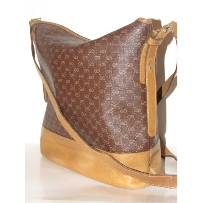 Gucci Camel Micro Logo Print On Brown Leather Bucket Bag