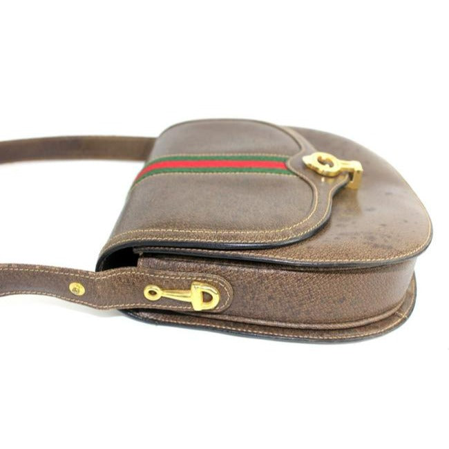 Gucci W Saddle Style Purse Red Green Stripe Brown Leather Shoulder Bag