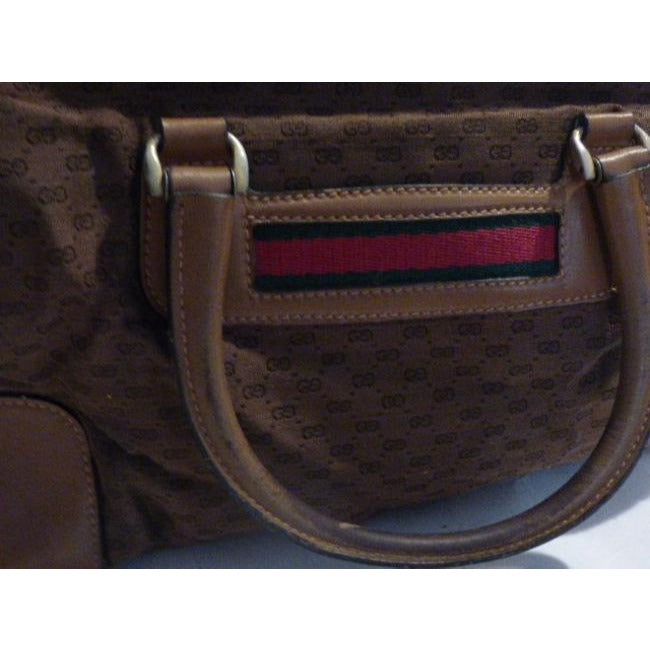 Gucci Vintage Dark Brown Small G Logo Print Fabric And Camel Leather With Red Green Stripe