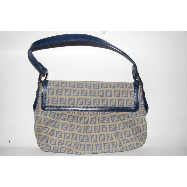 Fendi Pursesdesigner Purses Blue Small F Logo Print On Tan Canvas And Navy Leather Hobo Bag