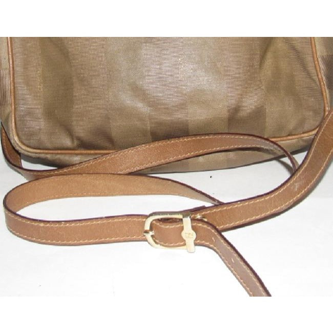 Fendi Canvasleather Cross Bodyshoulder Tan Wide Stripe Printcamel Coated Canvas And Leather Shoulder