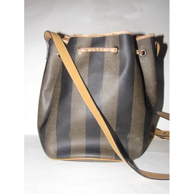 Fendi Vintage Pursesdesigner Purses Wide Striped Coated Canvas In Shades Of Brown And Camel Leather