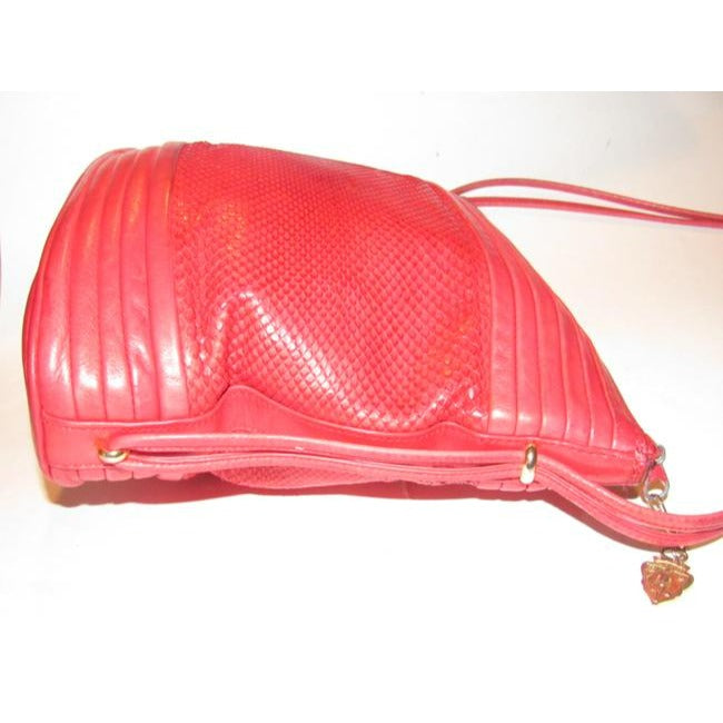 Gucci Red Python Skin & Smooth Leather Bucket Bag w Gold Accents