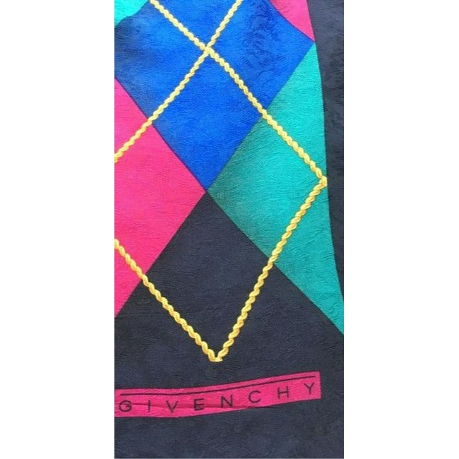 Givenchy Navy Pink Aqua Argyle Print Abstract Silk Scarf