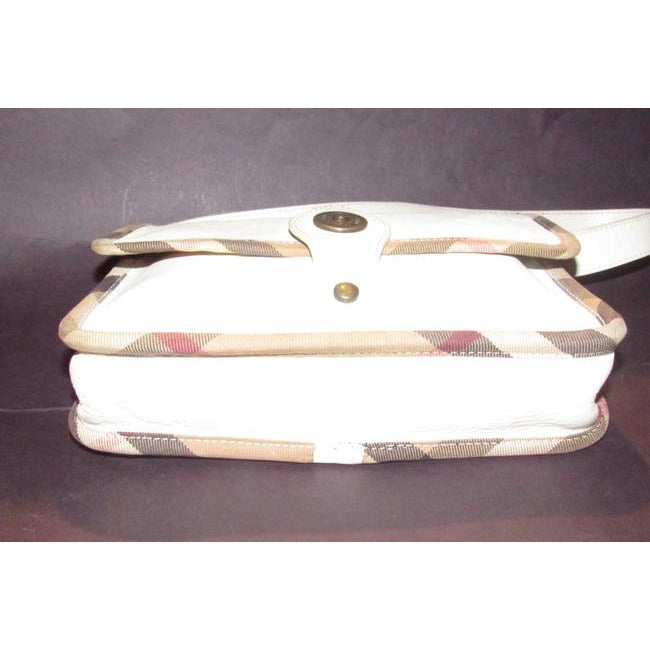 Burberry Purses White Leather With Nova Check Plaid Canvas Trim And Coated Shoulder Bag