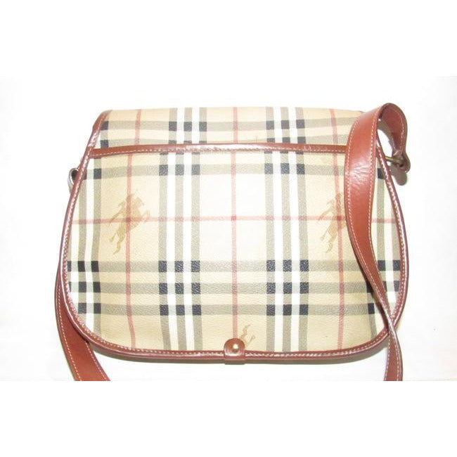 Burberry Saddle Style Or Shoulder Purses British Tan Leather And Haymarket Nova Check With Knights P