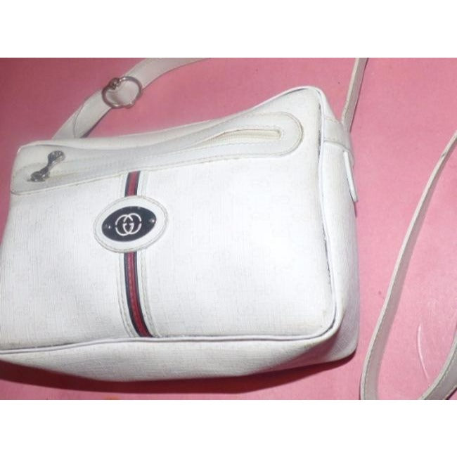 Gucci Vintage White Leather White Small G Logo Print Coated Canvas And Red Blue Stripe