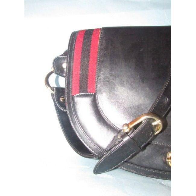 Gucci Early Saddle With Sherry Stripes Black Leather And Gg Leather Shoulder Bag