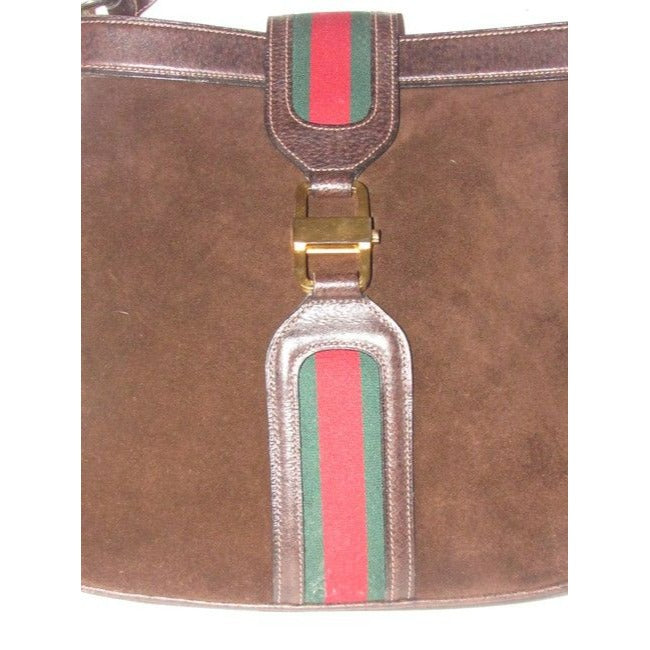 Gucci Jackie Bag Vintage Ophidia Large Dark Brown Suede And Leather With A Red And Green Canvas Stri